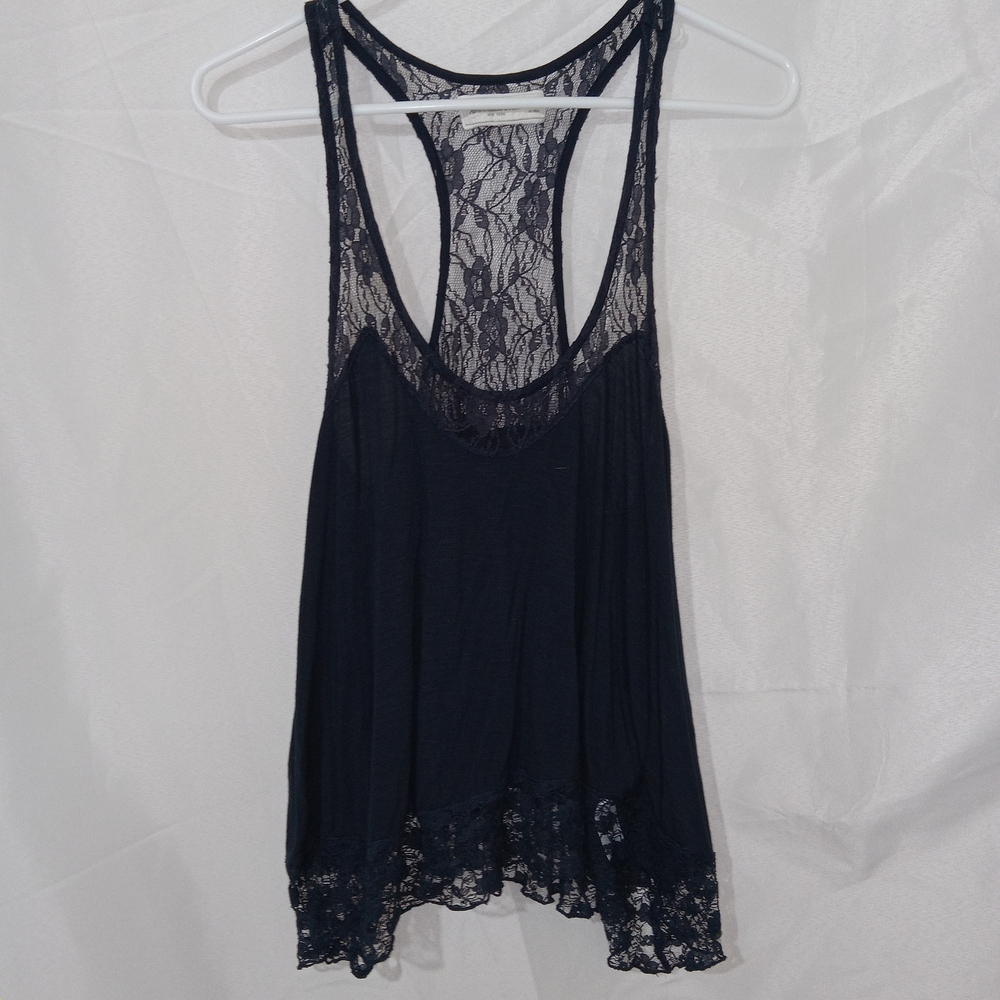 Abercrombie & Fitch Navy Blue Lace Ruffle Tank Top Sheer Lace Trim M Y2K VTG